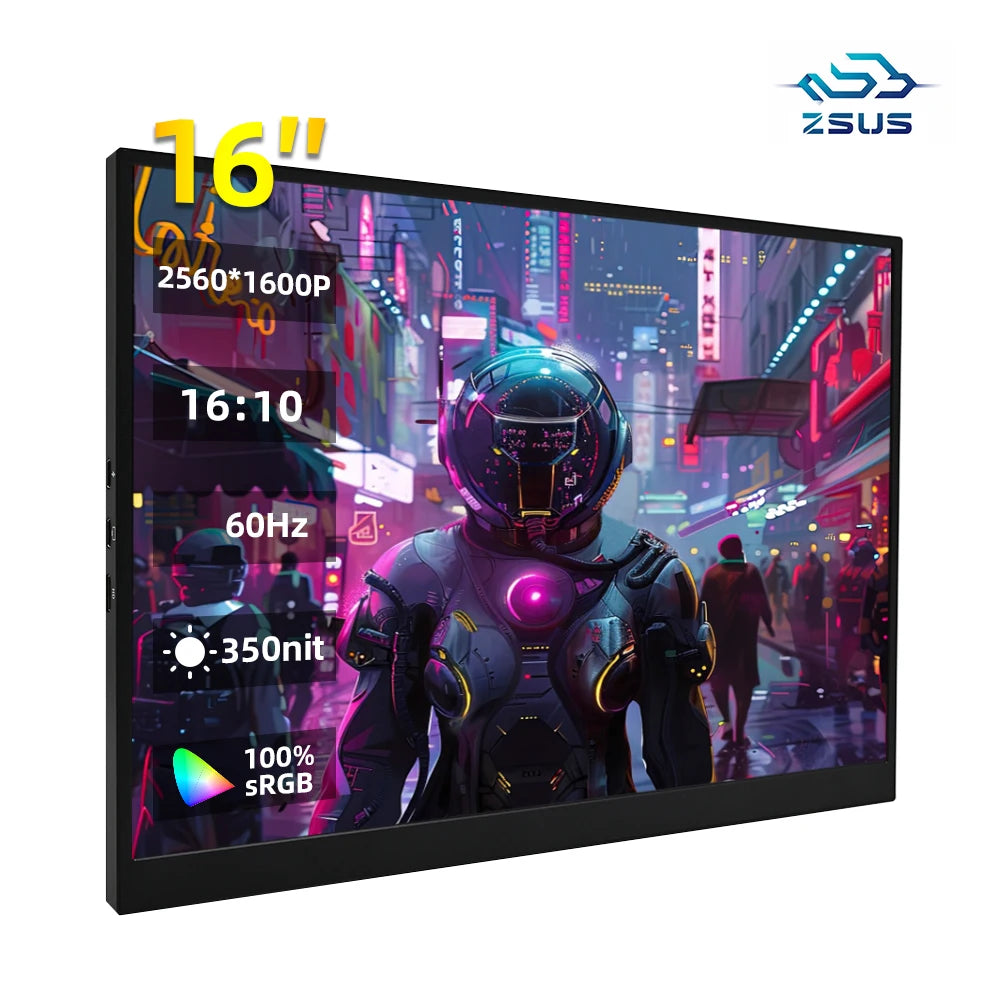 16" 2K Portable Monitor, 2560x1600 IPS HDR Display for Laptop & Gaming - 1