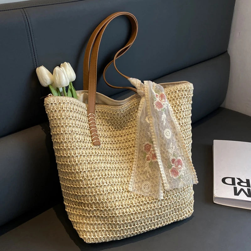 Lace Woven Straw Tote