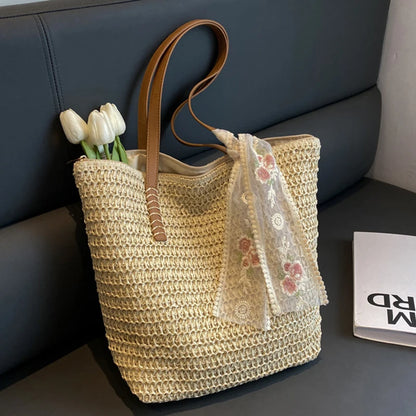 Lace Woven Straw Tote