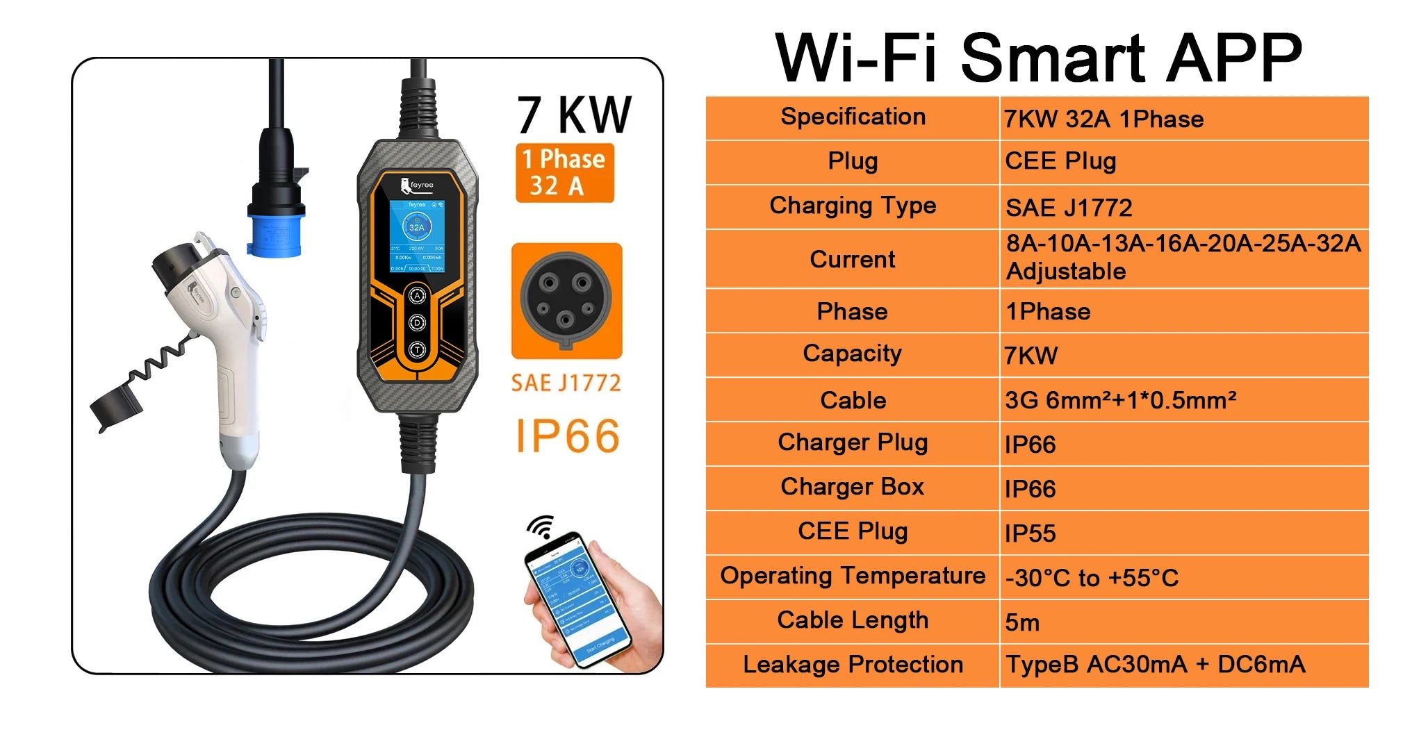 7KW Smart Portable EV Charger Type 1 - Adjustable 32A Level 2 Charging - 8