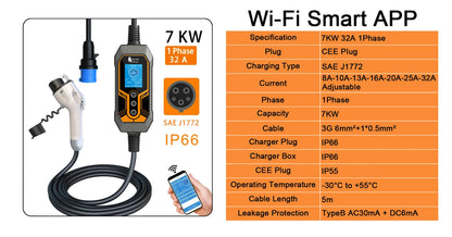 7KW Smart Portable EV Charger Type 1 - Adjustable 32A Level 2 Charging