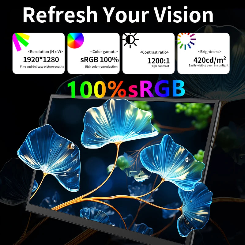 10.5" Portable IPS Monitor - 1920x1280 100% sRGB Gaming Display for Laptop - 2