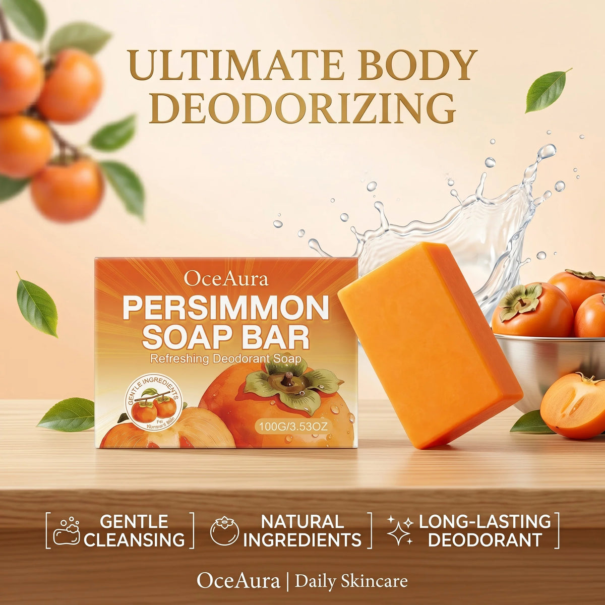 Natural Persimmon Extract Deodorizing Body Soap Bar for Odor Control & Fresh Skin