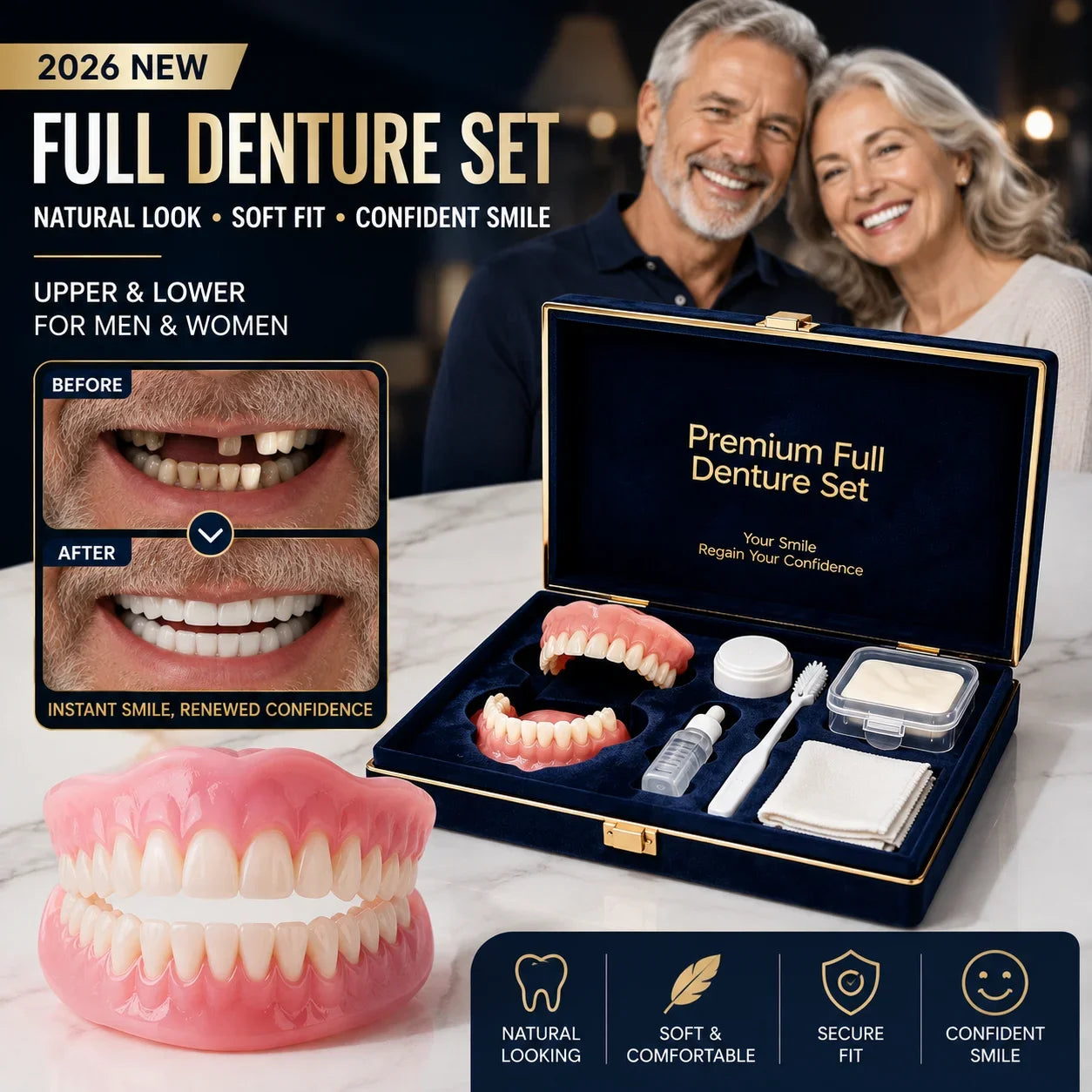 Instant Smile Temporary Denture Set - Natural-Looking Upper & Lower Cosmetic Teeth - 1