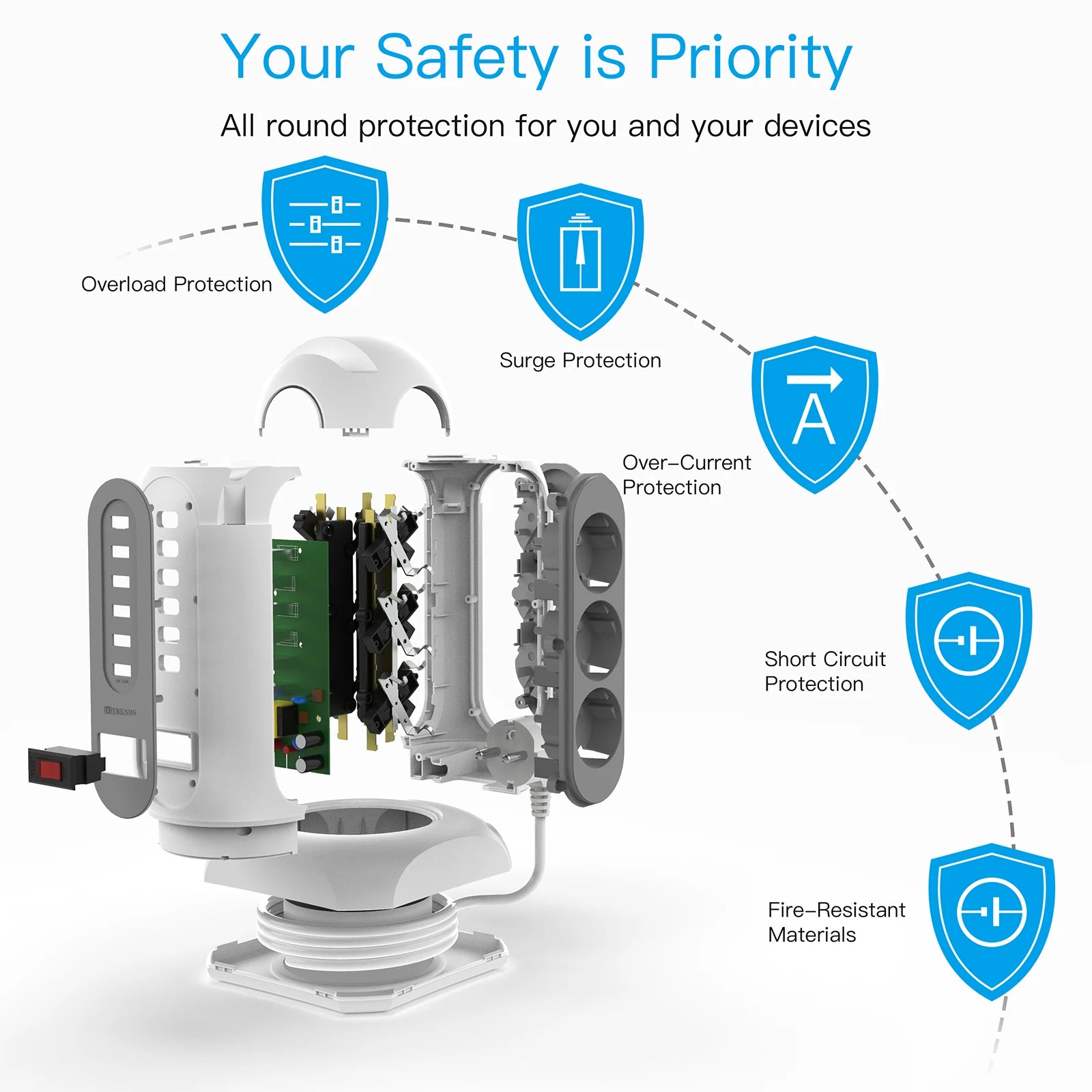 15-in-1 Tower Power Strip with 6 USB Ports & Retractable 1.8m Cord - 5