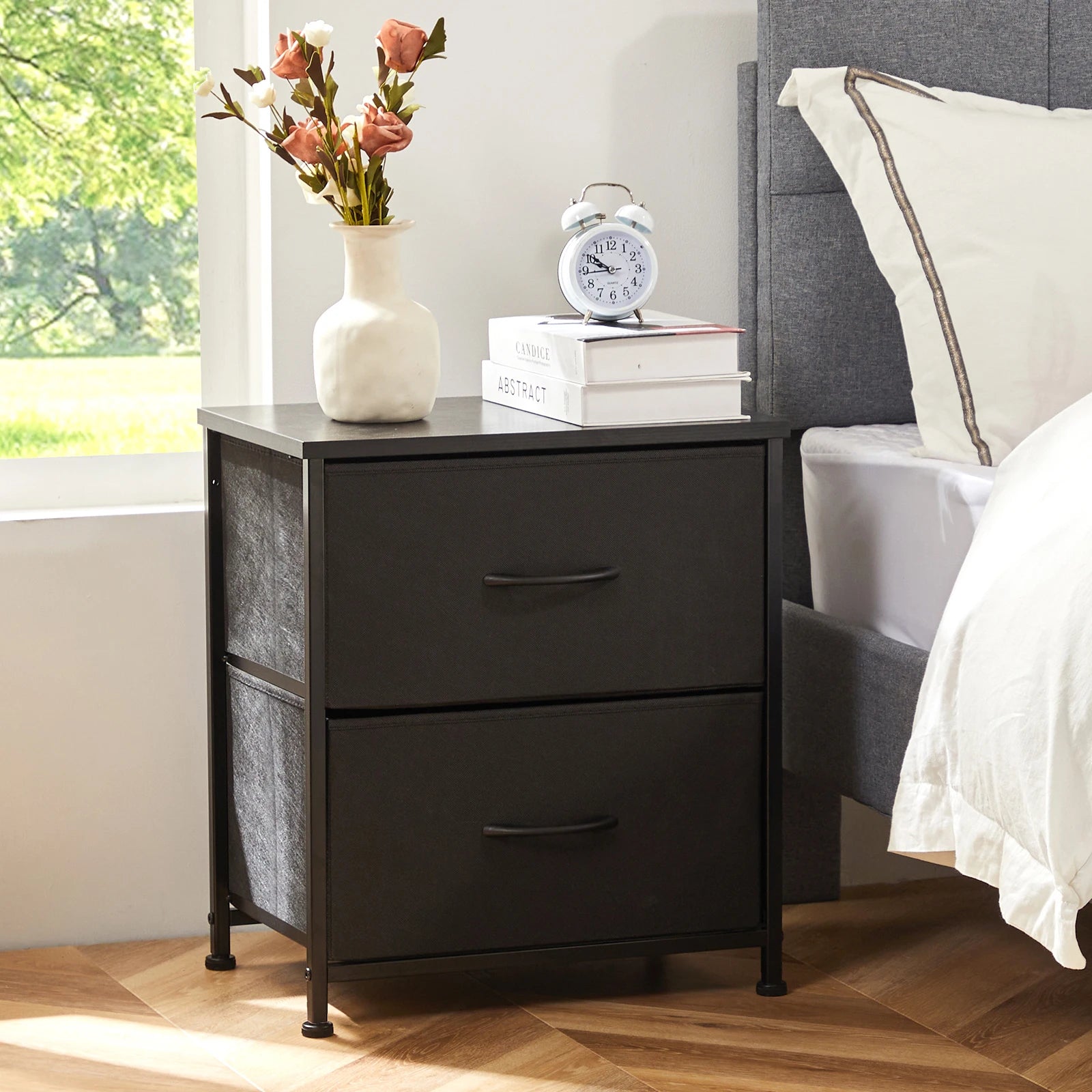 Modern 2-Drawer Nightstand with Fabric Storage Drawers – Bedroom Side Table - 13