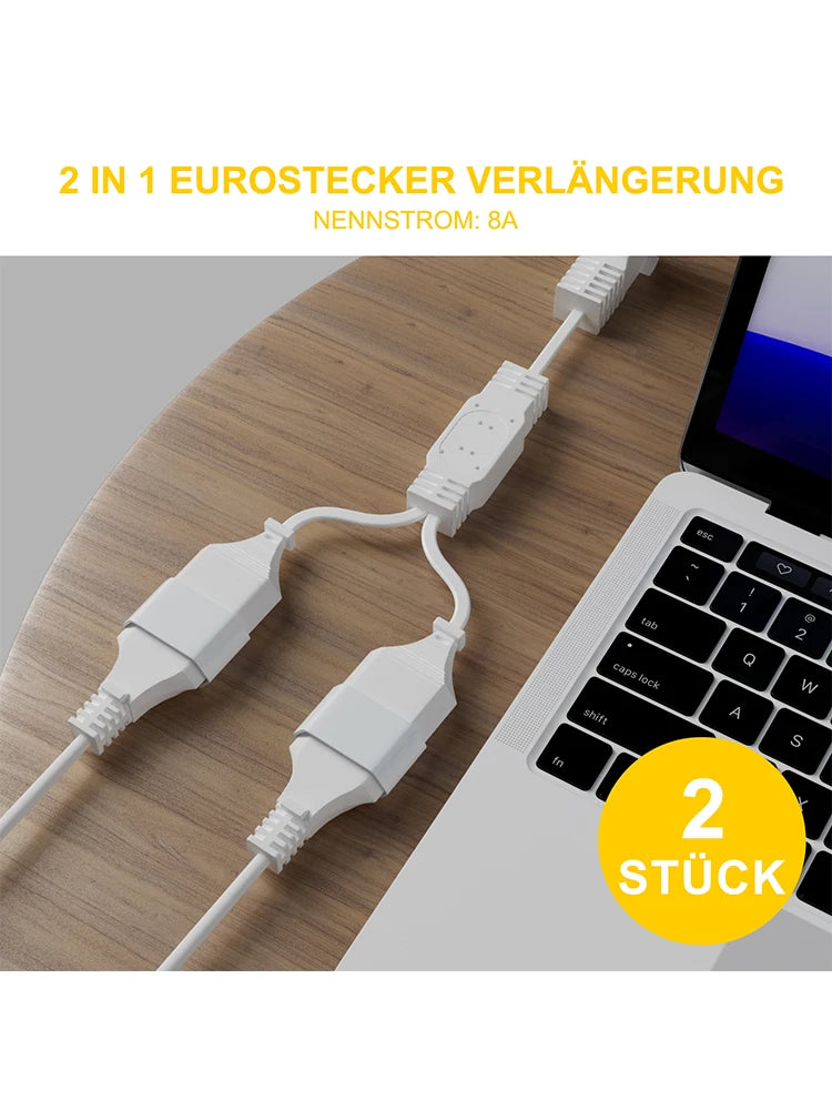 28cm EU Power Extension Cable - Type C Euro Plug to Double Socket Adapter - 2