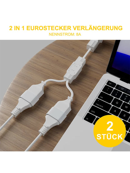 28cm EU Power Extension Cable - Type C Euro Plug to Double Socket Adapter