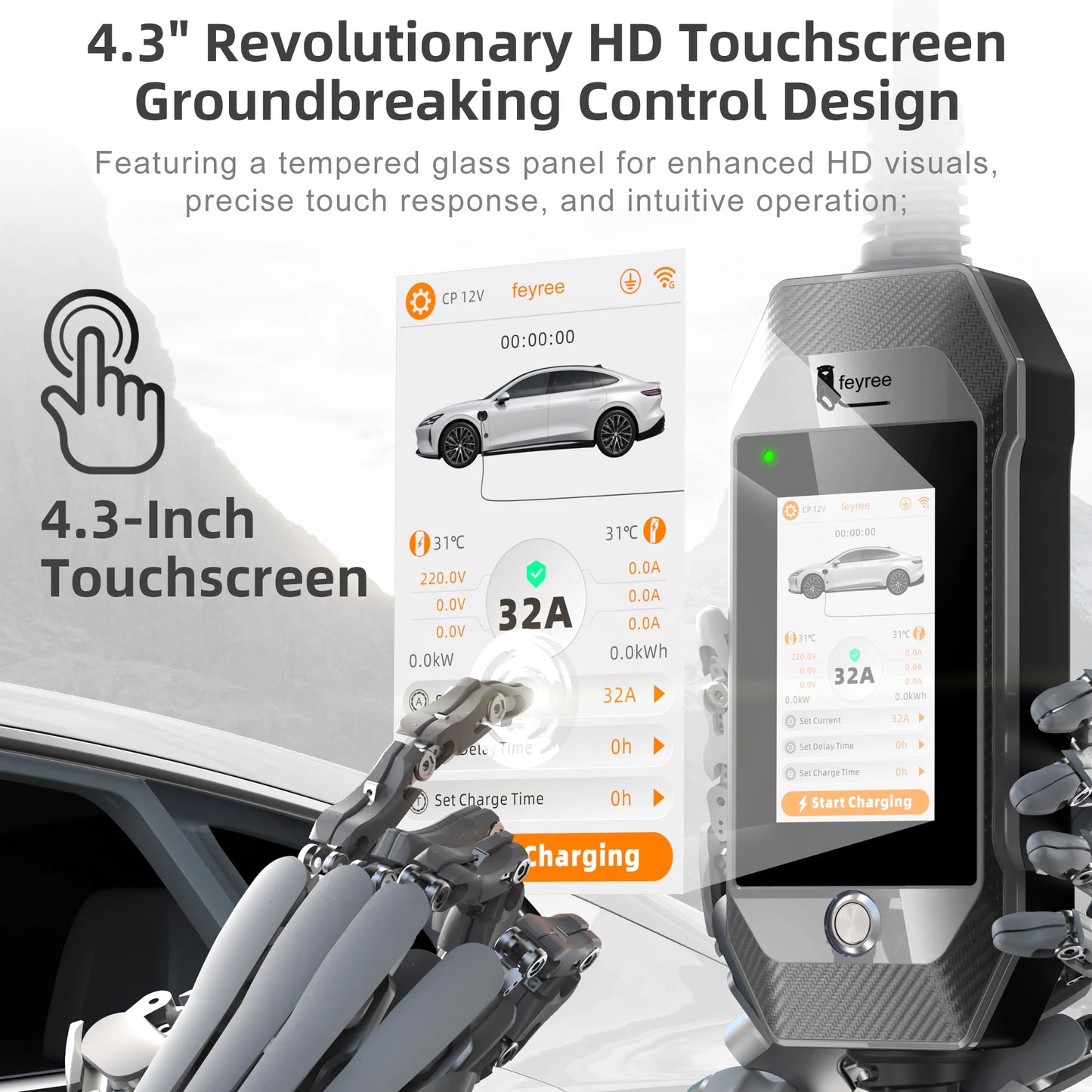 Portable 7kW EV Charger with 4.3" Touchscreen & Smart WiFi App Control