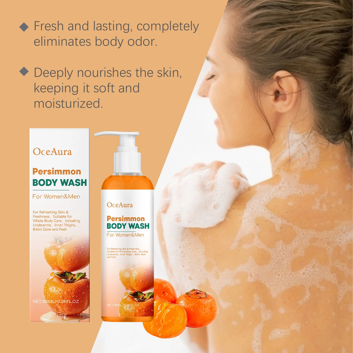 Natural Persimmon Body Wash - Odor Eliminating Deodorizing Shower Gel for All Skin