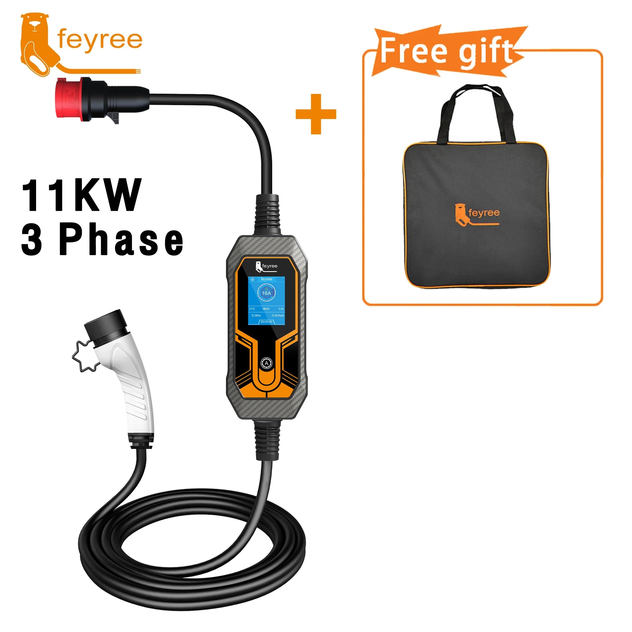 Feyree Portable EV Charger Type 2 - 7KW/11KW Adjustable Electric Car Charger - 18