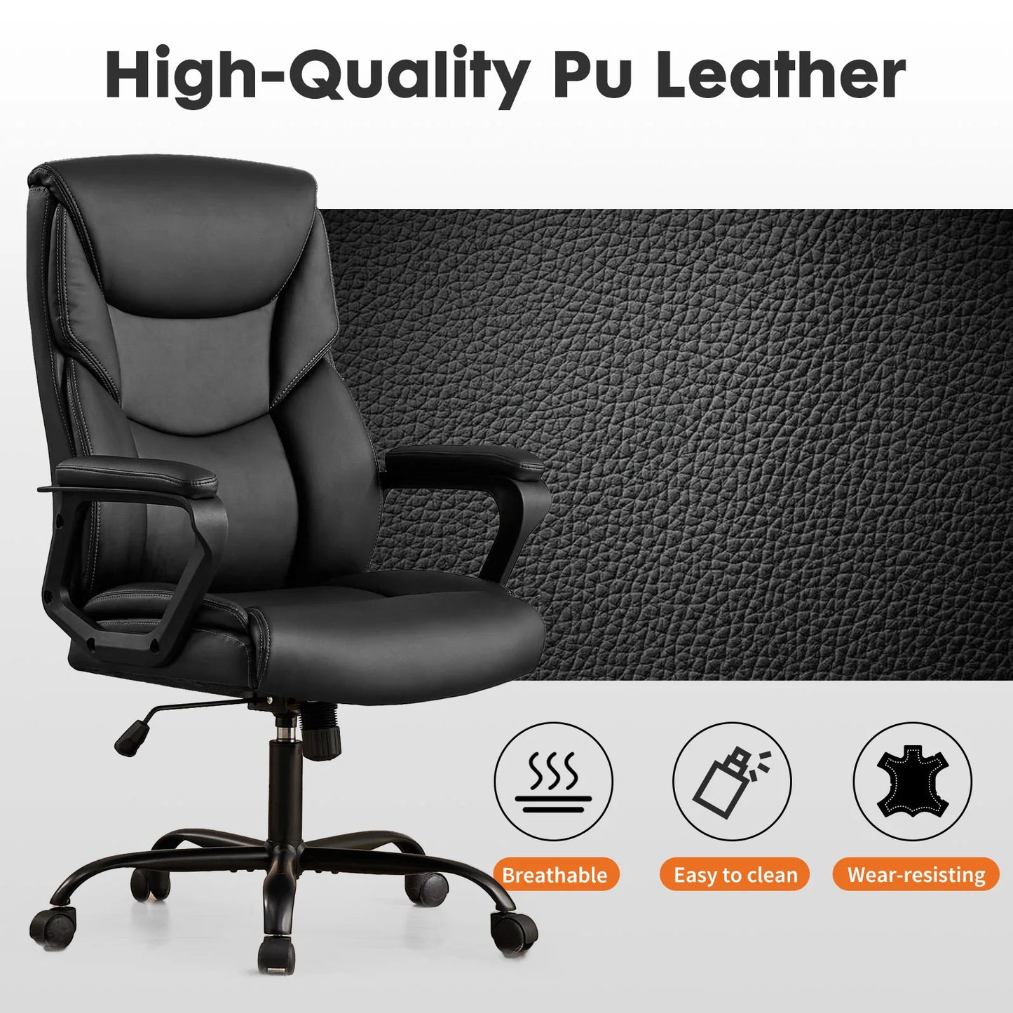 Ergonomic PU Leather Office Desk Chair with Flip-Up Arms & Lumbar Support