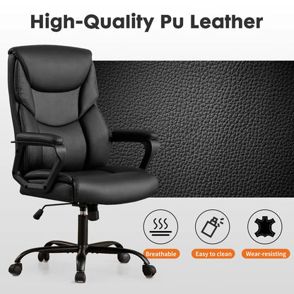 Ergonomic PU Leather Office Desk Chair with Flip-Up Arms & Lumbar Support
