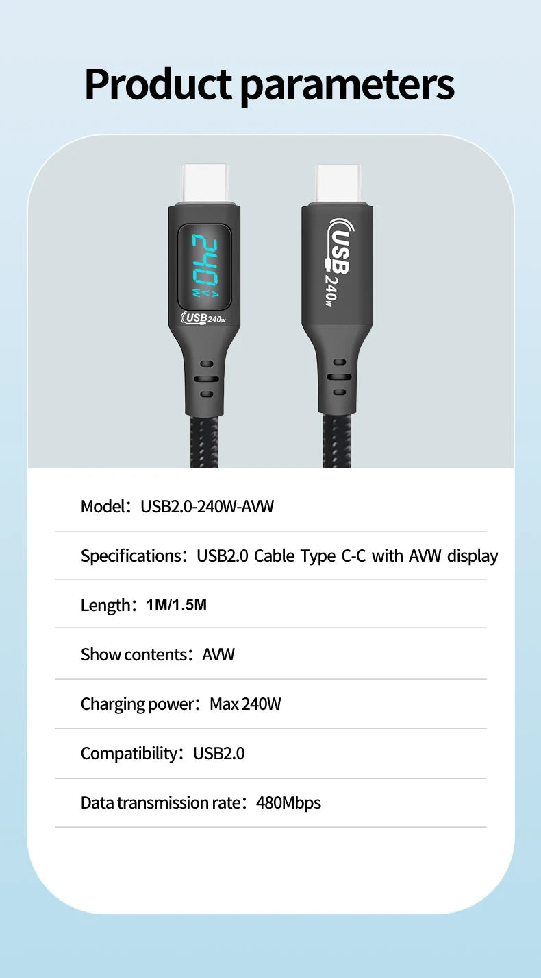 240W USB-C to USB-C Fast Charging Cable with Real-Time LED Power Display - 15