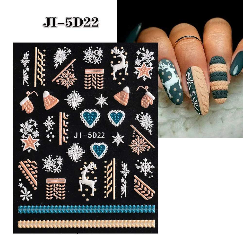 5D Embossed Christmas Nail Art Stickers - Winter Holiday Snowflake & Santa Decals