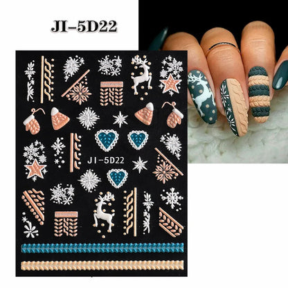 5D Embossed Christmas Nail Art Stickers - Winter Holiday Snowflake & Santa Decals