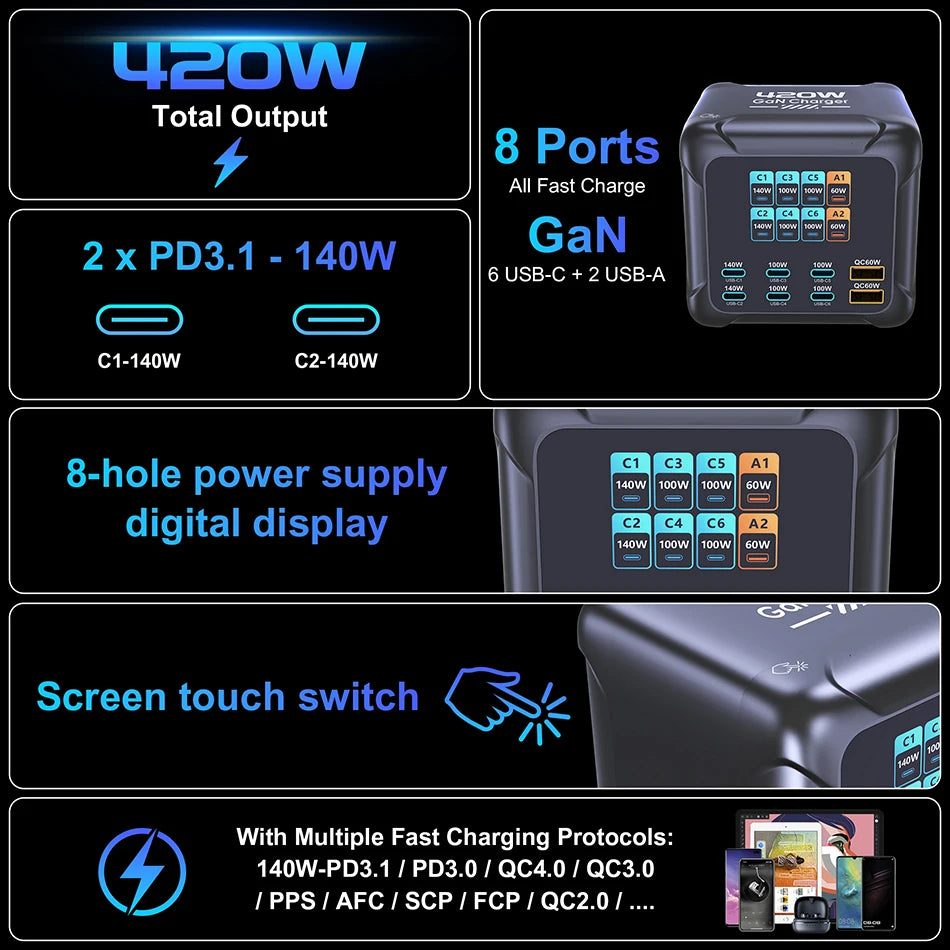 300W GaN 6-Port Fast Charging Station with Digital Display for All Devices - 22