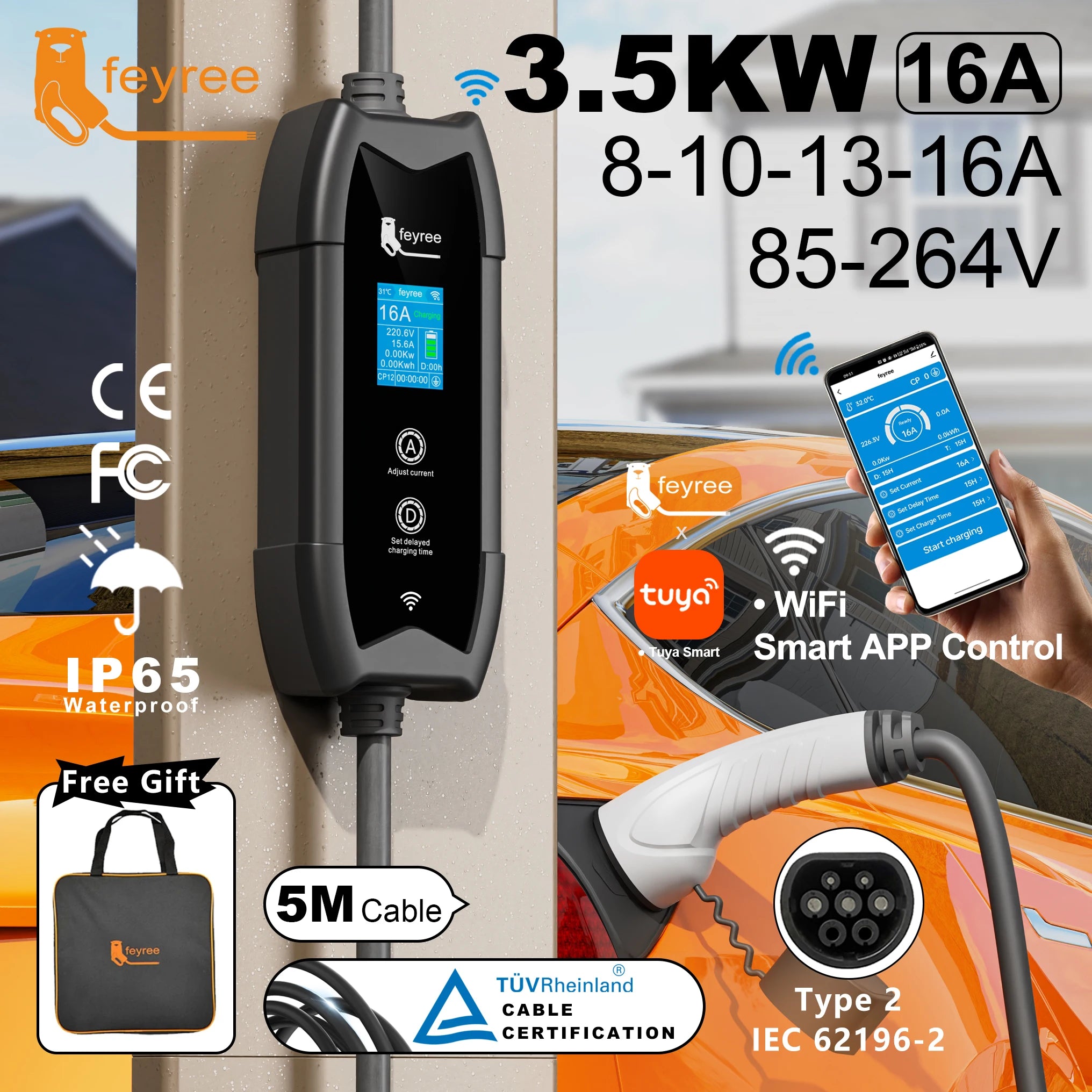 Type 2 Portable EV Charger - 3.5KW Smart WiFi App Control, 5m Cable - 1