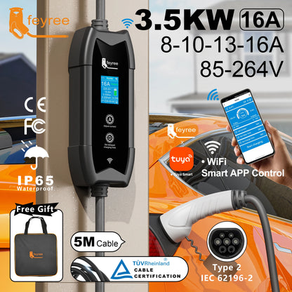 Type 2 Portable EV Charger - 3.5KW Smart WiFi App Control, 5m Cable