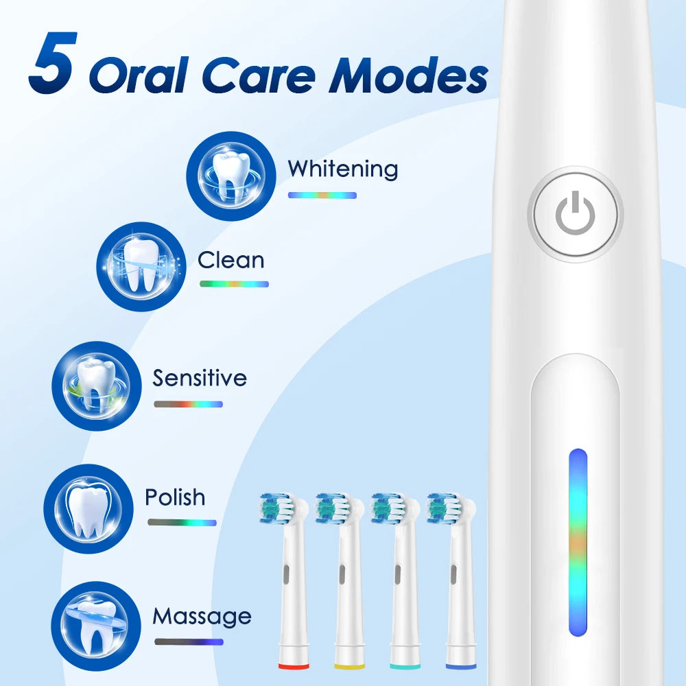 3D Rotating Rechargeable Electric Toothbrush with 5 Cleaning Modes and Smart Timer