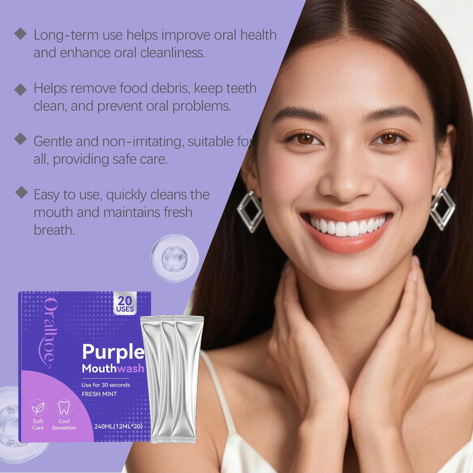 Purple Mint Mouthwash Single-Use Travel Sachets for Fresh Breath & Oral Care - 11