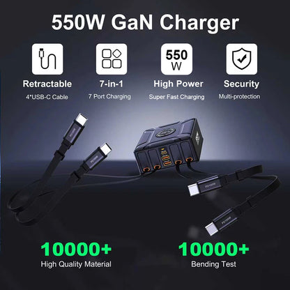550W 7-in-1 GaN Fast Charging Station with 4 Built-in Retractable Cables