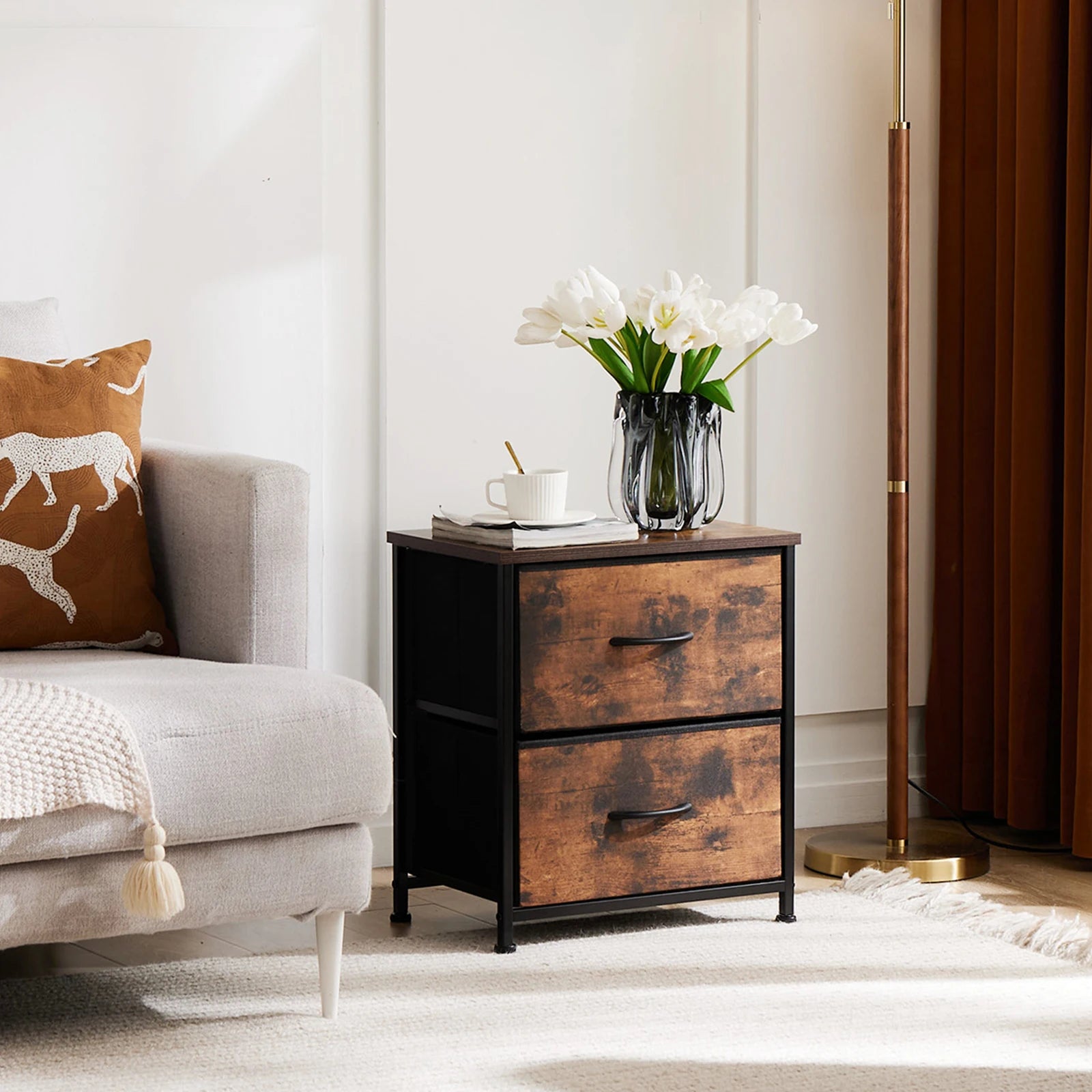 Modern 2-Drawer Nightstand with Sturdy Metal Frame & Wooden Top - 20