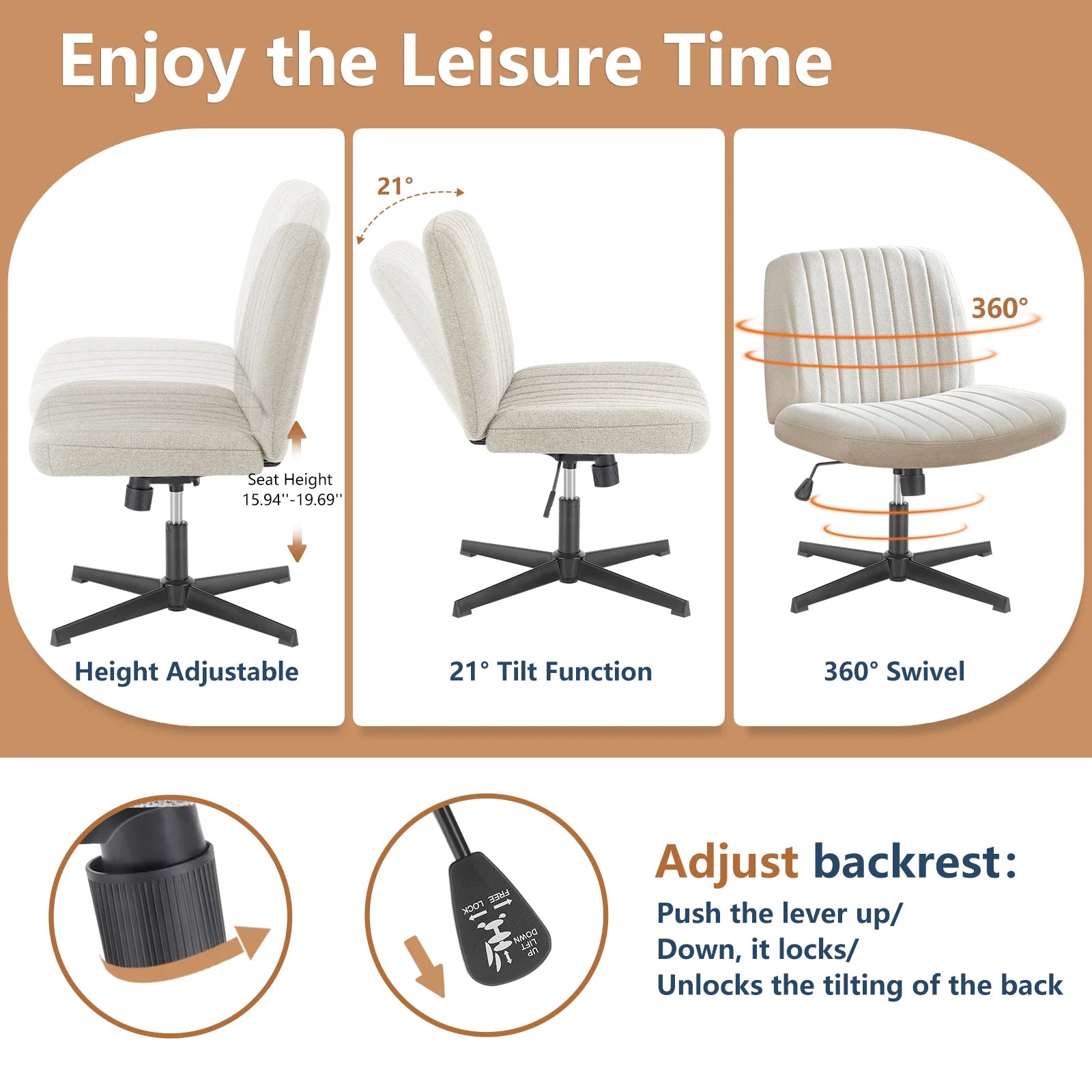 Wide Armless Cross-Legged Office Chair - Adjustable Swivel Vanity Desk Chair - 3