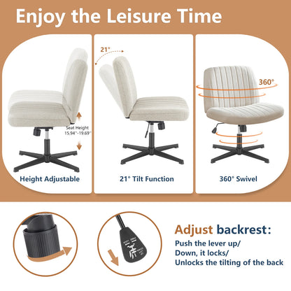 Wide Armless Cross-Legged Office Chair - Adjustable Swivel Vanity Desk Chair