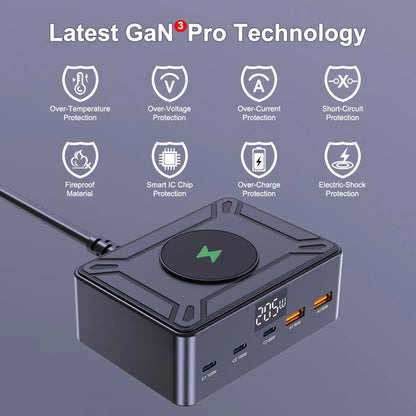 205W GaN Desktop Fast Charger - 6-in-1 USB-C PD Multi-Port Charging Station