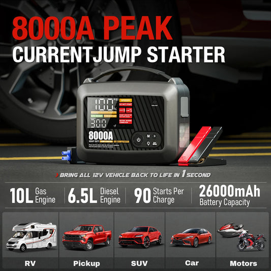 8000A Portable Car Jump Starter with Built-in Tire Air Compressor