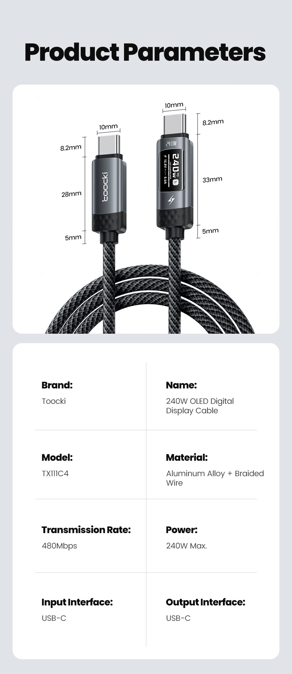 240W USB-C Fast Charging Cable with Real-Time OLED Power Display - 21