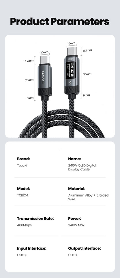 240W USB-C Fast Charging Cable with Real-Time OLED Power Display