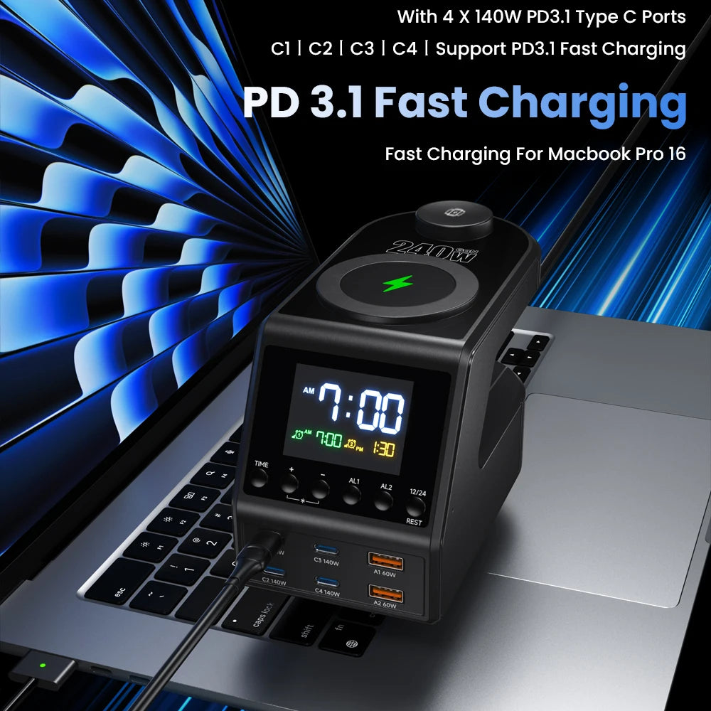240W GaN Charging Station - 6-Port Fast Charger with Dual Wireless & Clock - 2