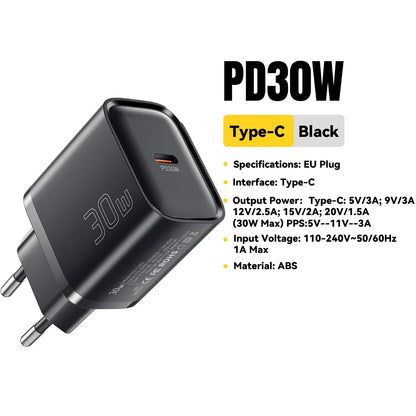 Mini 30W USB-C Fast Charger - PD & QC 3.0 Power Adapter for iPhone & Android