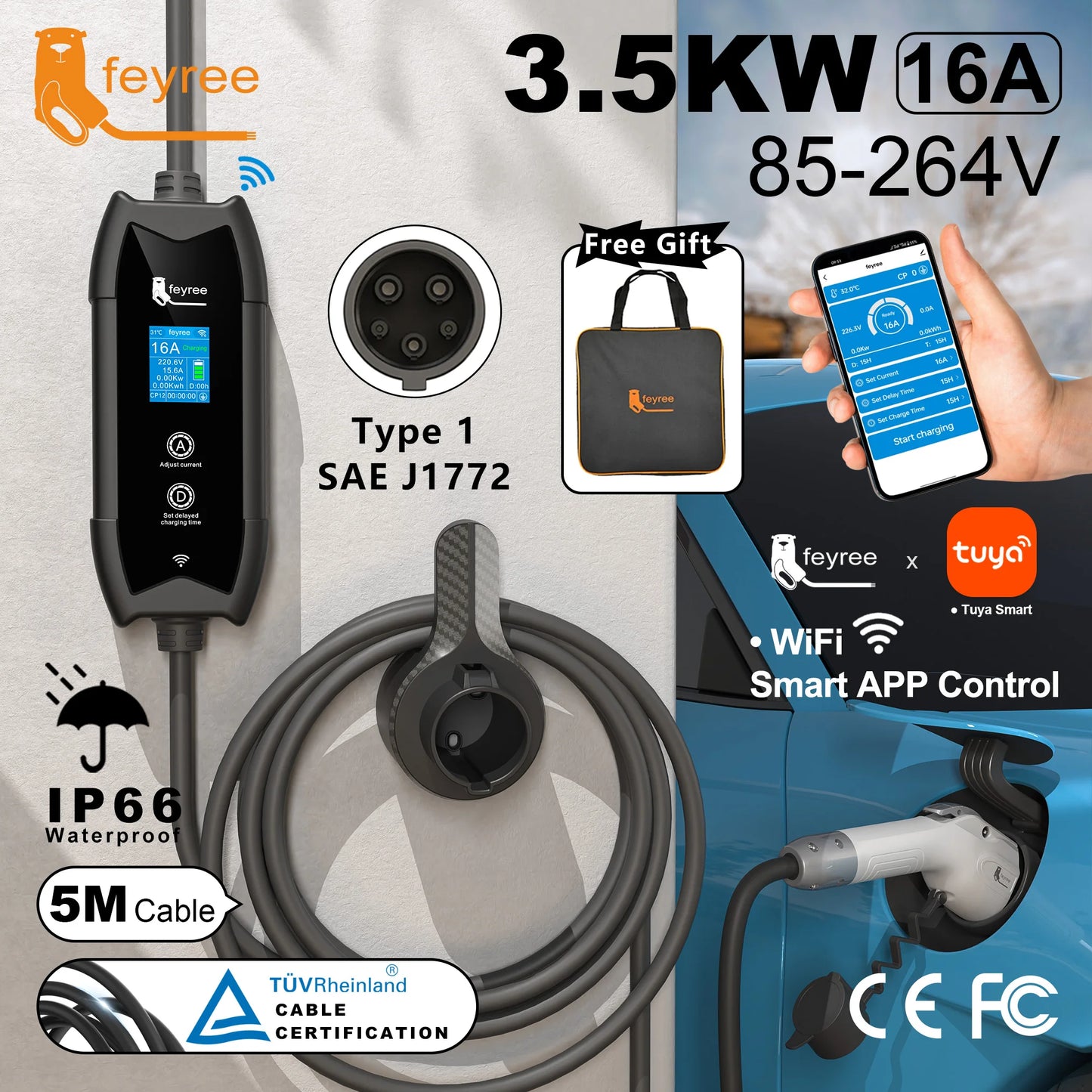 Portable Level 2 EV Charger - Type 1, 16A, 3.5KW with Smart App & LCD