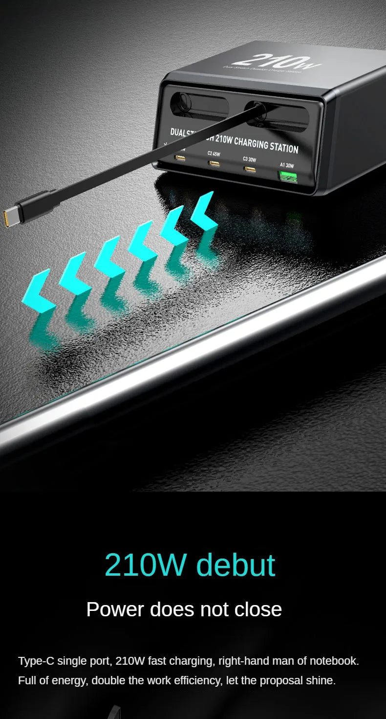 6-in-1 Retractable Fast Charging Station 210W USB-C Desktop Power Hub - 11