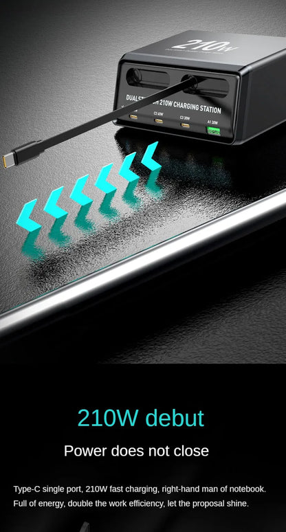 6-in-1 Retractable Fast Charging Station 210W USB-C Desktop Power Hub