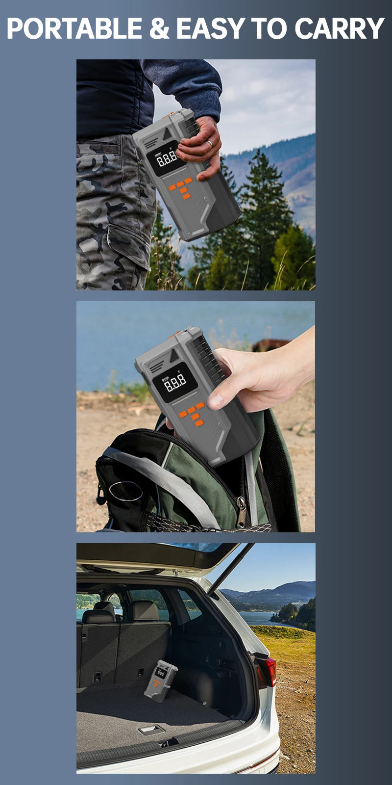 Portable Car Jump Starter with 10.2 Bar Tire Inflator & Emergency Pump