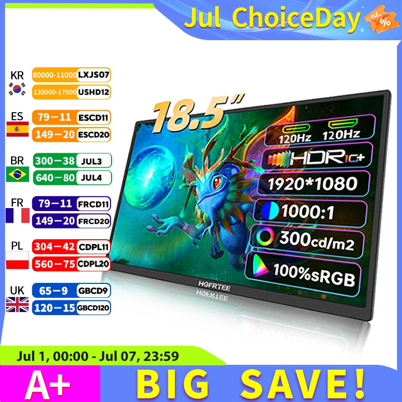 18.5" Portable 120Hz Monitor - 1080P IPS Full HD Laptop Second Screen - 1