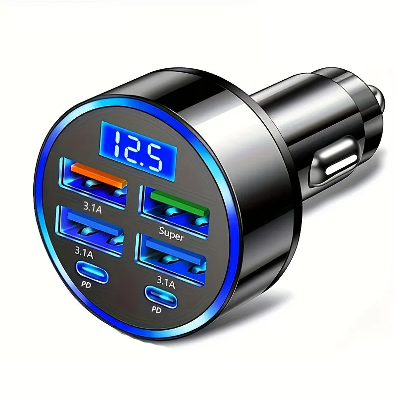 350W Fast Car Charger - 6-Port USB-C PD & QC3.0 Adapter with LED Display - 7