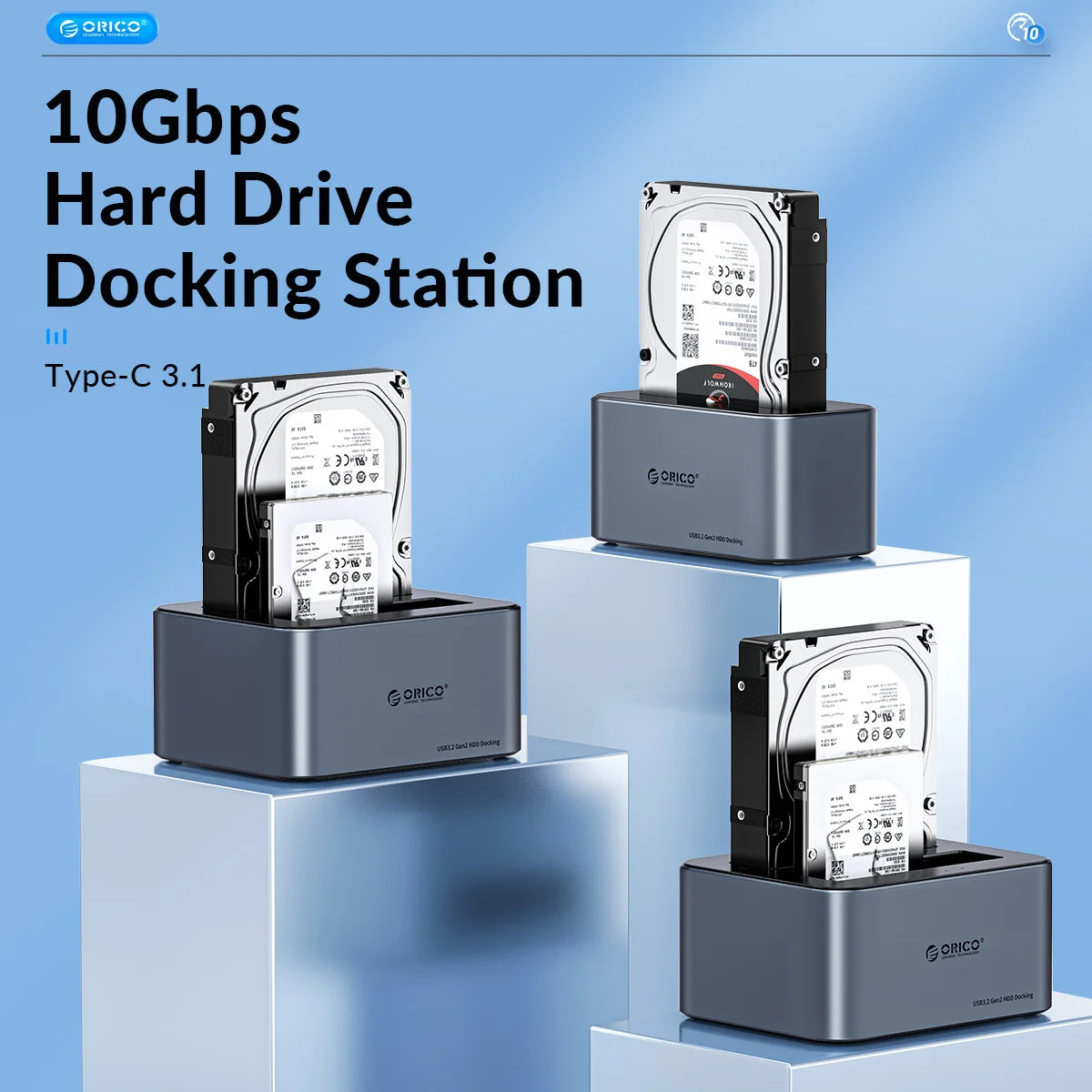 ORICO Dual-Bay Hard Drive Docking Station, 10Gbps Type-C for 2.5/3.5" HDD/SSD