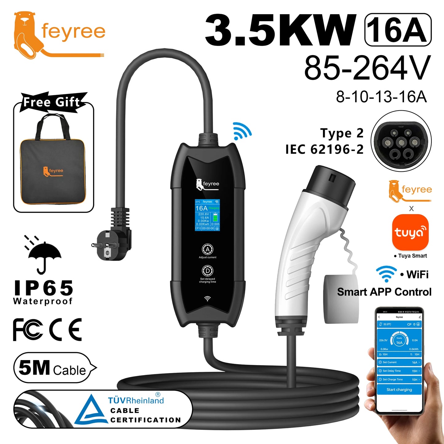 Type 2 Portable EV Charger - 3.5KW Smart WiFi App Control, 5m Cable
