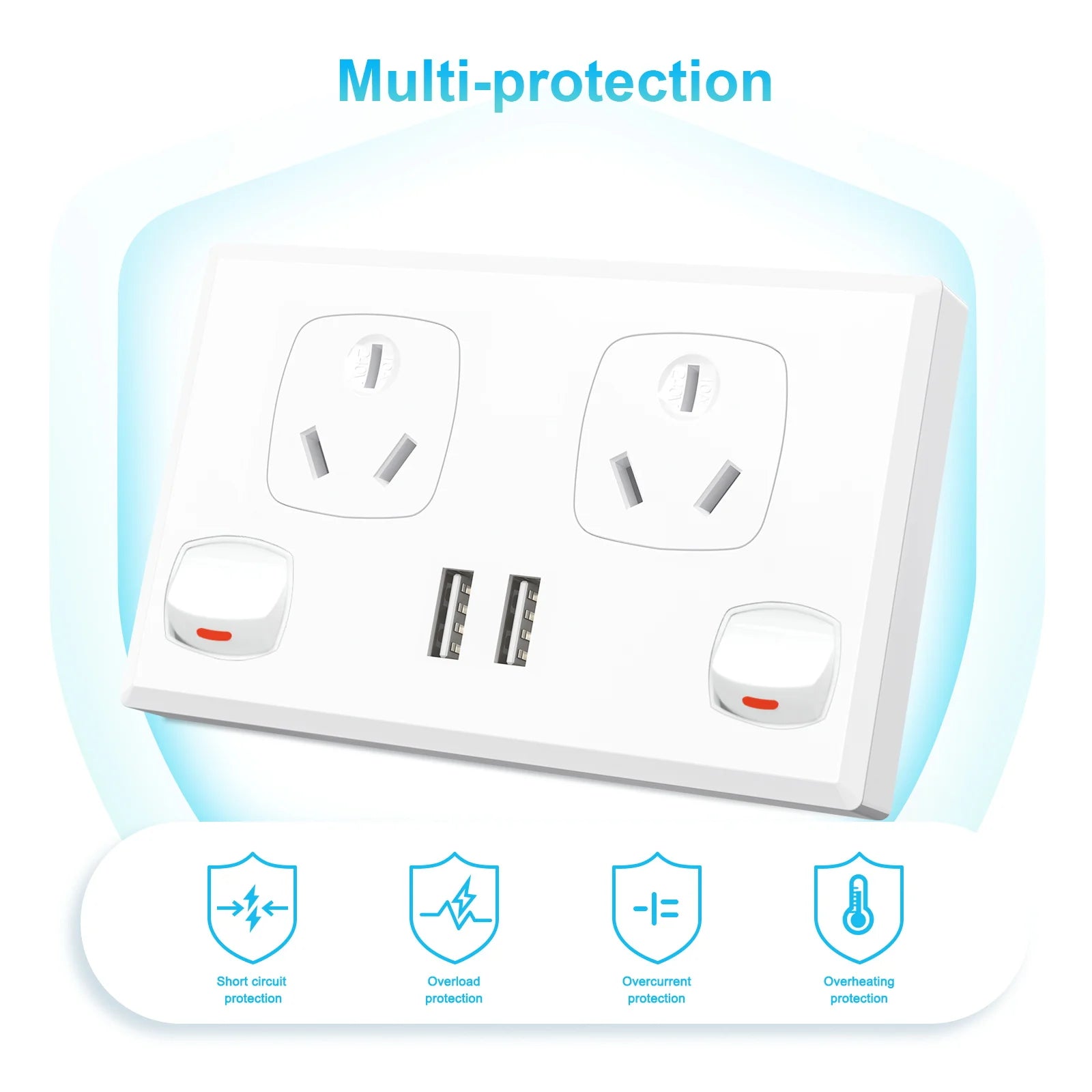 Australian Standard Dual Wall Socket with USB Ports & 2-Gang Switch - 5