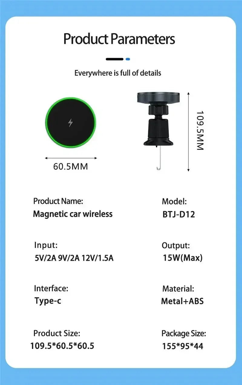 Magnetic Wireless Car Charger with Cooling Fan - 15W Fast Phone Mount