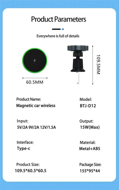 Magnetic Wireless Car Charger with Cooling Fan - 15W Fast Phone Mount