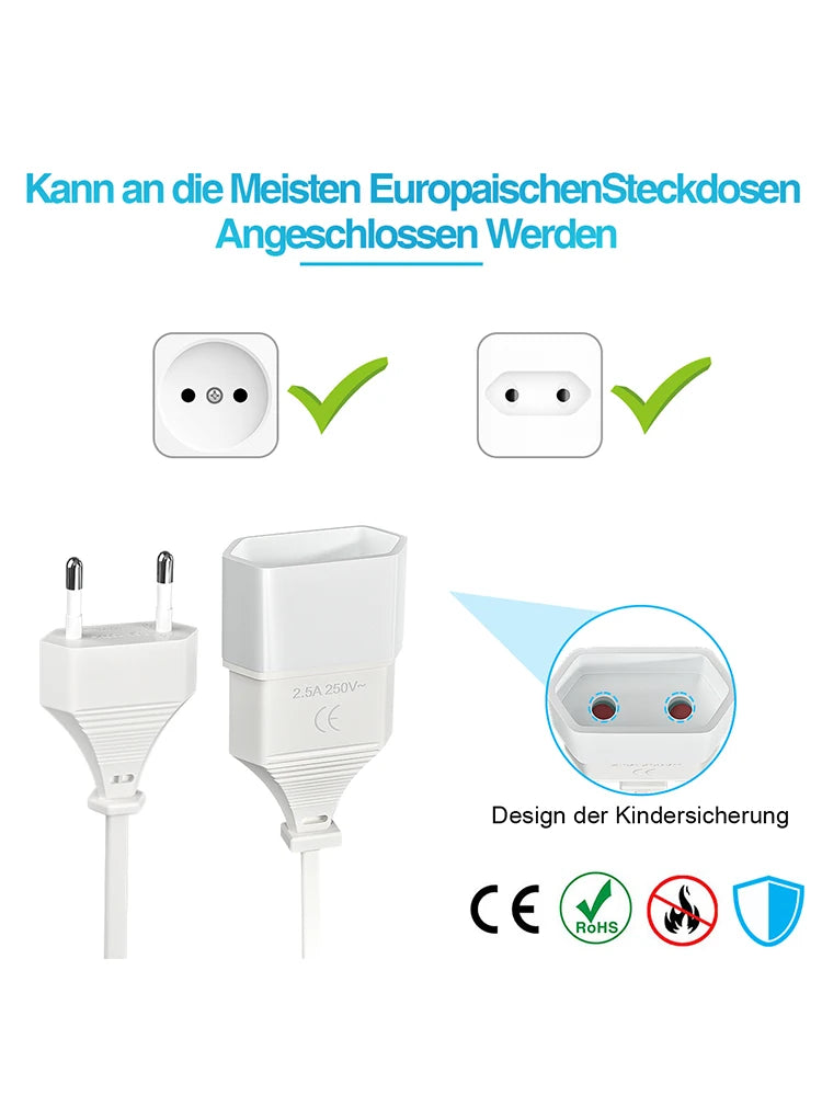 2pcs 1m Euro Plug Power Extension Cable - High-Quality 2.5A/250V Cord - 6