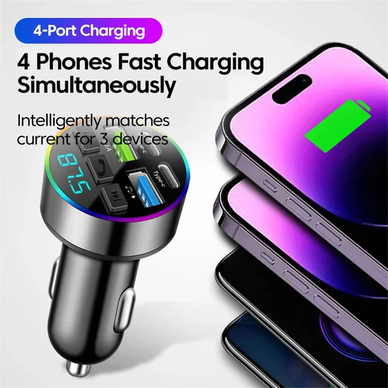 66W Fast Charge Bluetooth FM Transmitter - 4-Port Car MP3 Player Adapter
