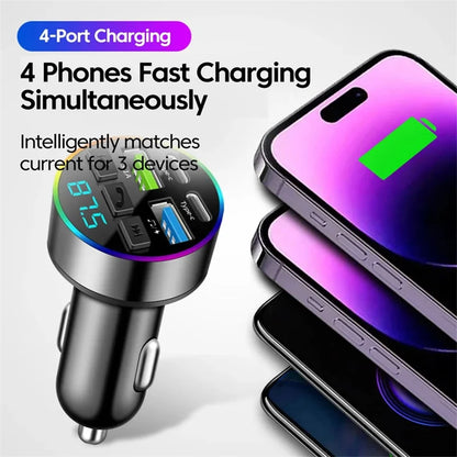 66W Fast Charge Bluetooth FM Transmitter - 4-Port Car MP3 Player Adapter