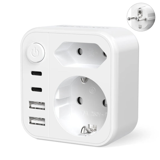 6-in-1 European Travel Power Adapter with 17W Fast USB-C & USB-A Charging